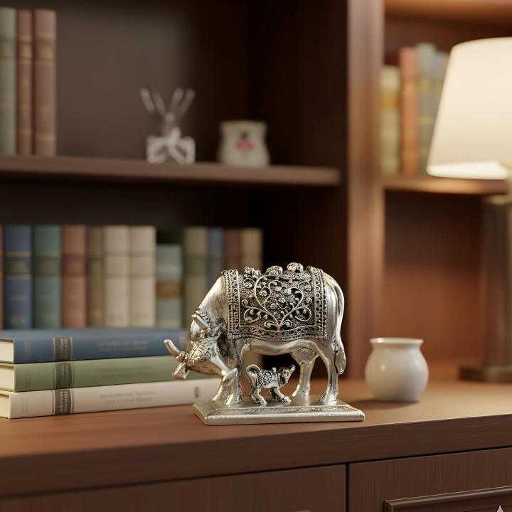 999 Pure Silver Plated Kamdhenu Cow Idol | 2.5 inch Vastu Home Decor for Pooja Room & Mandir