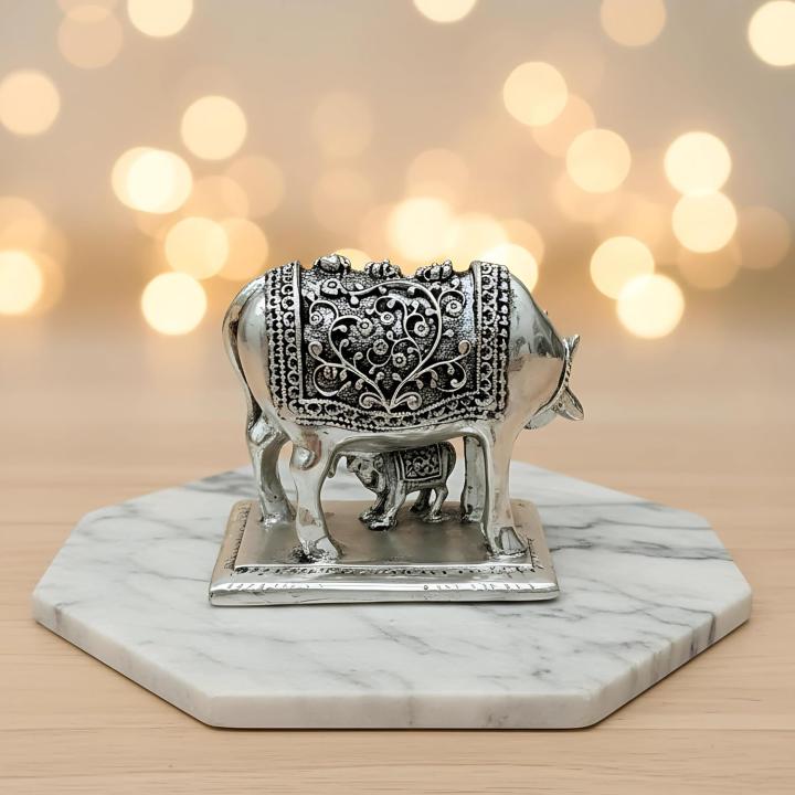 999 Pure Silver Plated Kamdhenu Cow Idol | 2.5 inch Vastu Home Decor for Pooja Room & Mandir