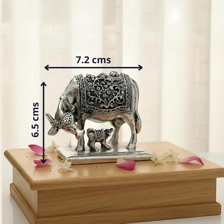 999 Pure Silver Plated Kamdhenu Cow Idol | 2.5 inch Vastu Home Decor for Pooja Room & Mandir