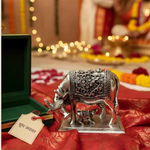 999 Pure Silver Plated Kamdhenu Cow Idol | 2.5 inch Vastu Home Decor for Pooja Room & Mandir