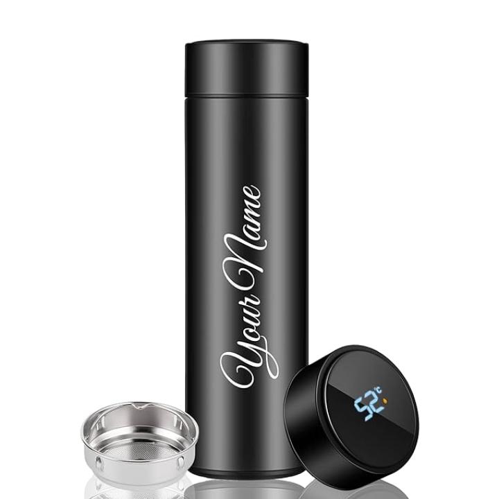 Personalized Stainless Steel Sports Water Bottle | LED Temperature Display Smart Bottle | Hot & Cold Insulated Flask, 500ML | LCD Touch Screen Gift Bottle for Travel & Office (Black)