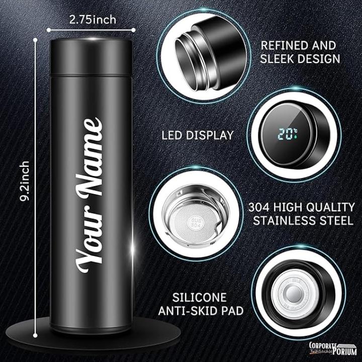 Personalized Stainless Steel Sports Water Bottle | LED Temperature Display Smart Bottle | Hot & Cold Insulated Flask, 500ML | LCD Touch Screen Gift Bottle for Travel & Office (Black)