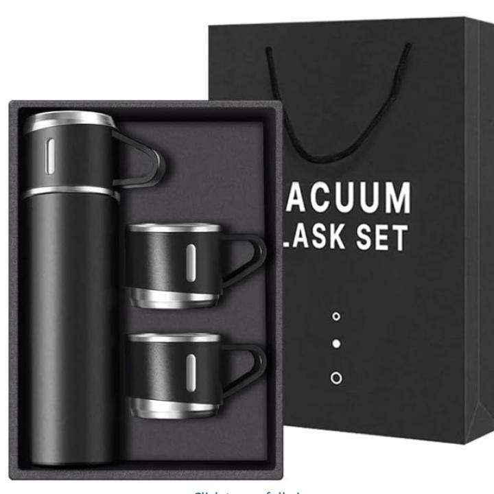 Vacuum Flask Set with 2 Cups, Double Wall Stainless Steel Thermo 500ml Vacuum Insulated Bottle Water Flask Set with 3 Cups Gift Set with Two Cups Hot & Cold